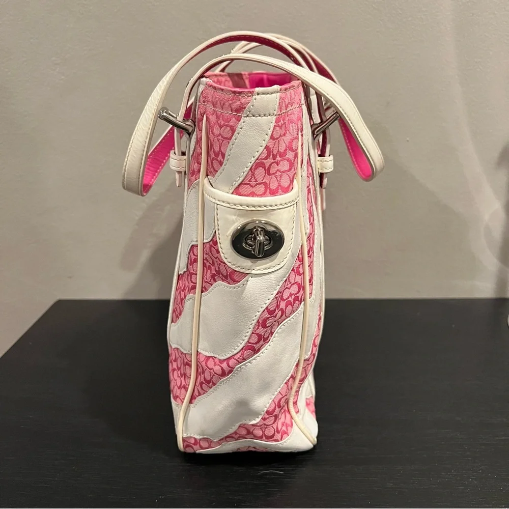 Coach Rare Limited Edition Pink White Zebra Patchwork Tote Shoulder Bag Purse